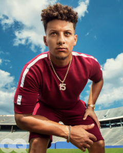 1UP Sports Marketing client Patrick Mahomes crouches down in the ready position for a GQ photoshoot