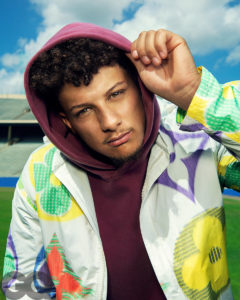 1UP Sports Marketing client Patrick Mahomes wearing a hoodie for a GQ photoshoot