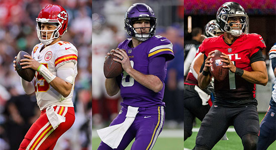 Three quarterbacks (including Patrick Mahomes) as part of the announcement of Netflix's new series, Quarterback.