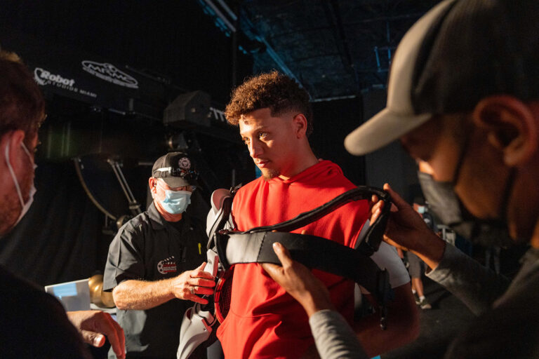 1UP client Patrick Mahomes gets suited up to get 3D modeled for his partnership with Fortnite.